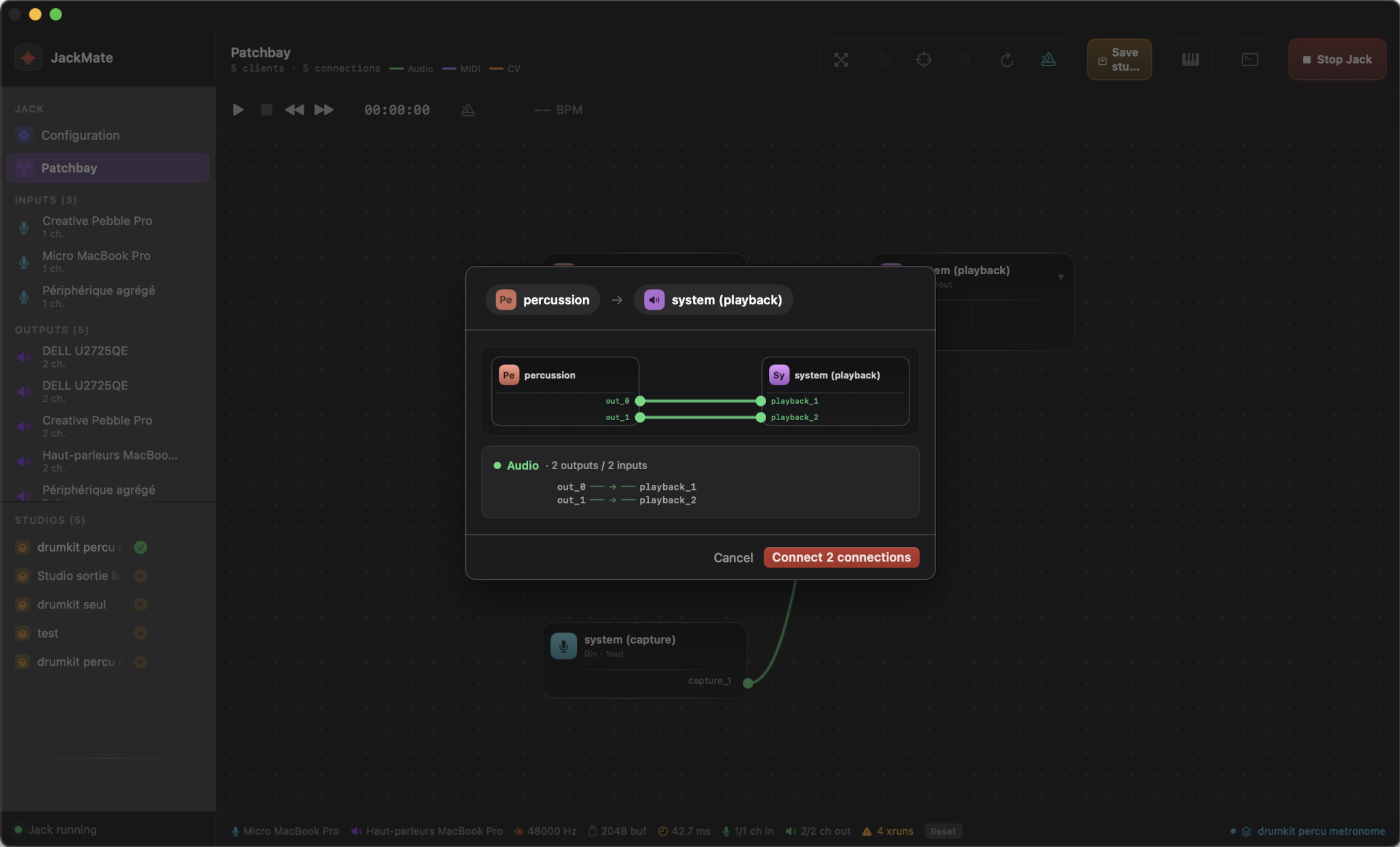 ConnectAllSheet: patchbay-faithful canvas preview of source and destination clients, client pickers, connection mode selector.