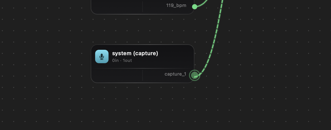 Close-up on two nodes with a visible connection wire between them. Hover over a port (dot) to see the circle animation and wire highlighting.