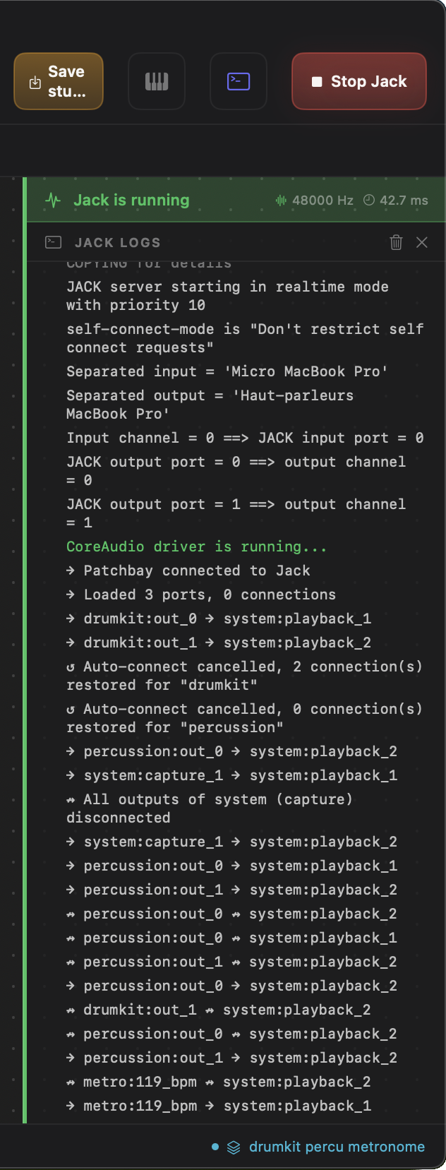 Patchbay view with the Terminal log panel open on the right.