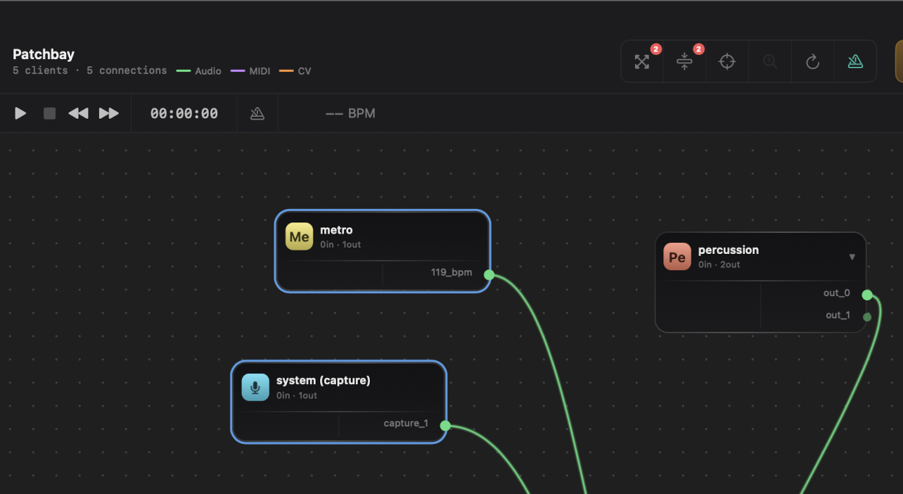 Patchbay canvas with one or more nodes selected - allows group drag, group collapse, or group re-organize.