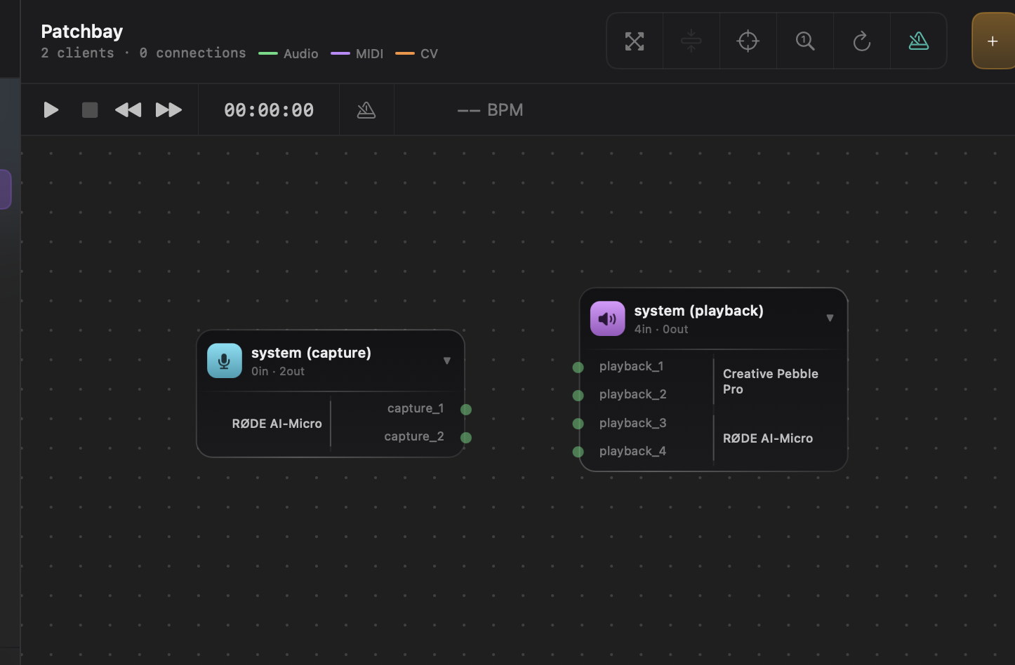 Close-up of system (capture) and system (playback) nodes showing CoreAudio device names and vertical aggregate bracket bars separating device segments.