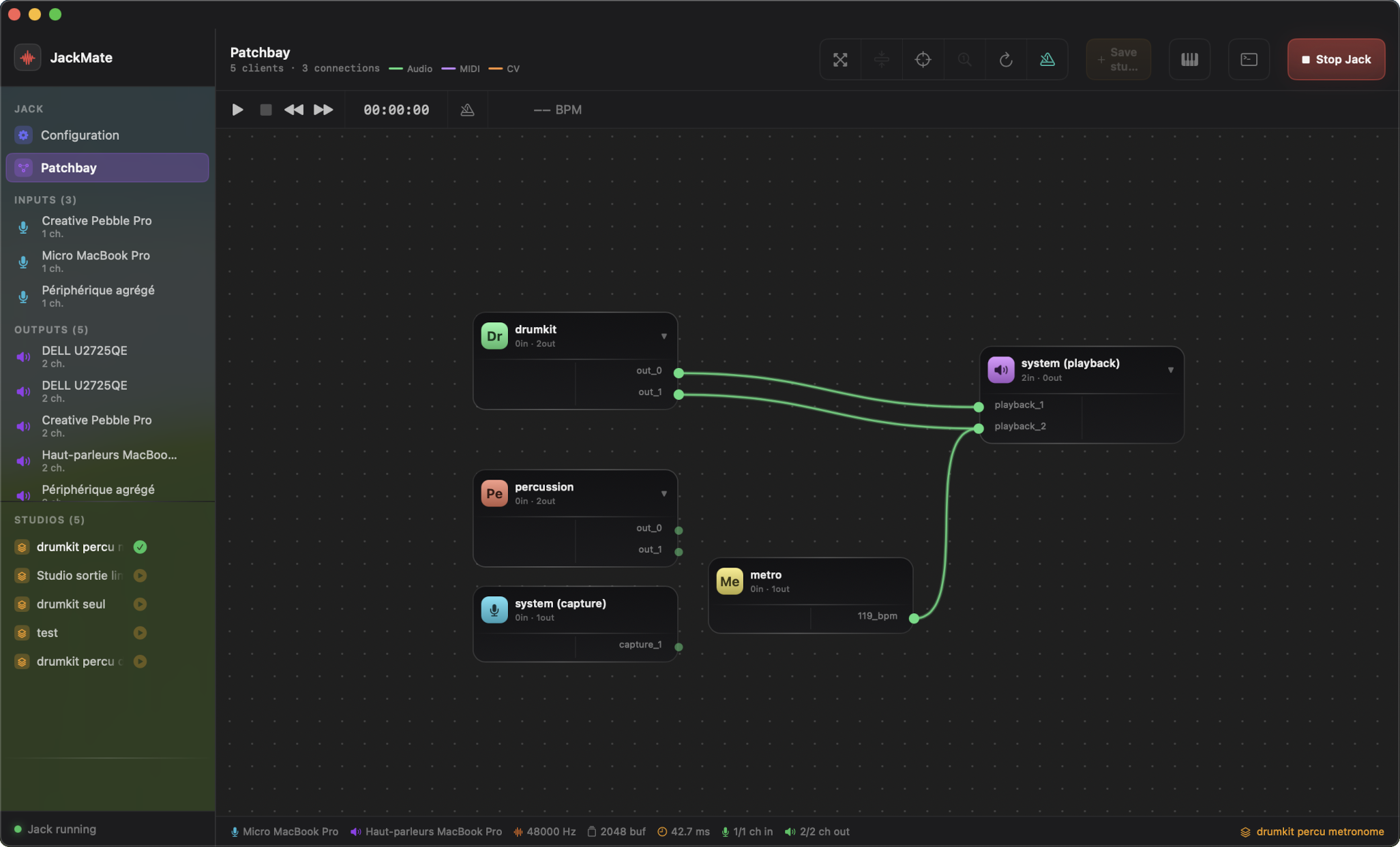 JackMate window maximised in Patchbay view. Several nodes visible