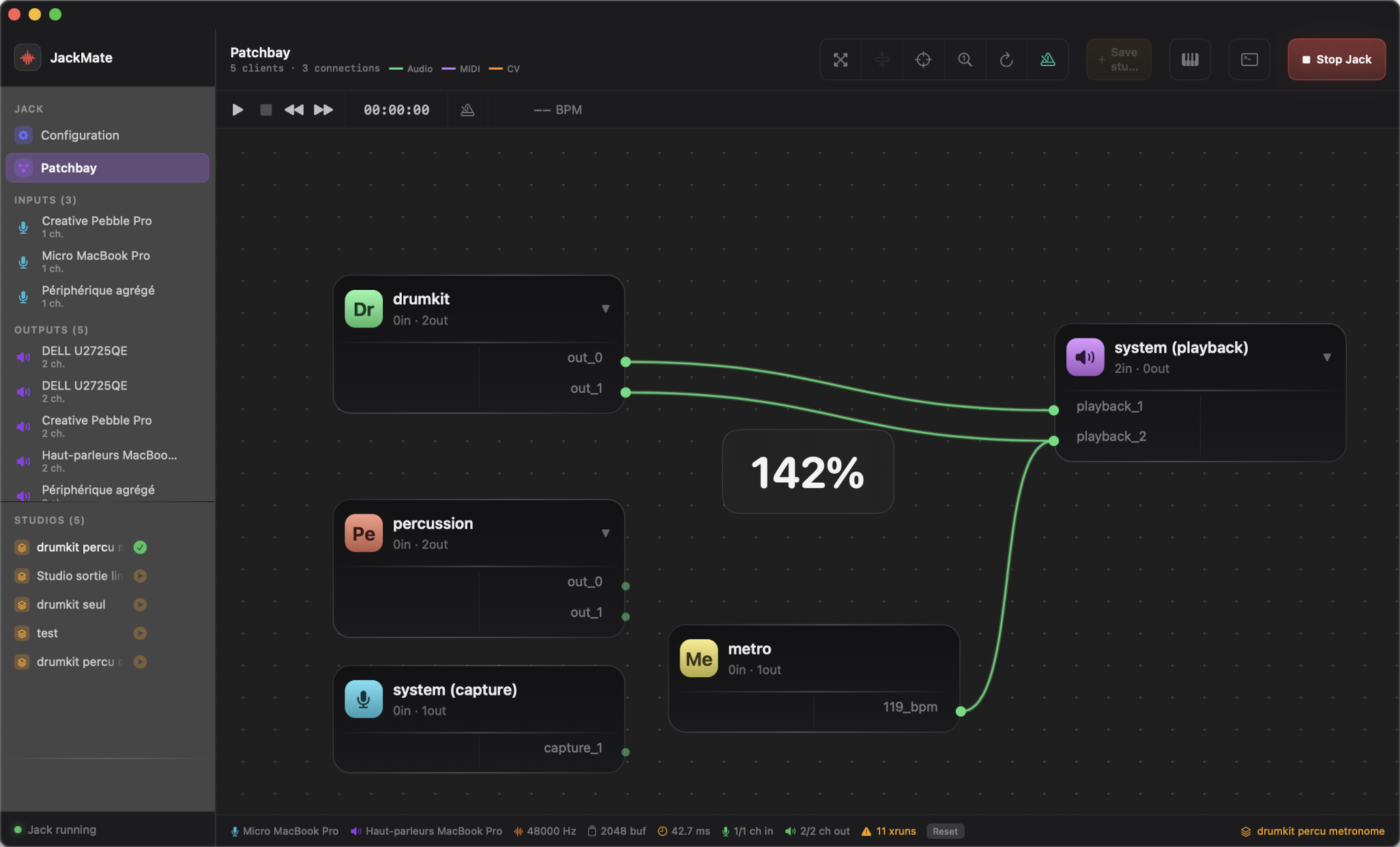 Patchbay canvas during active zoom: semi-transparent overlay at canvas centre showing zoom percentage